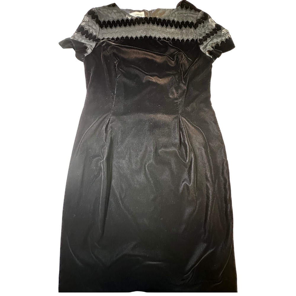 Maggy London Vintage Black Velvet Sheath Dress Sheer Chevron Yoke Size 14